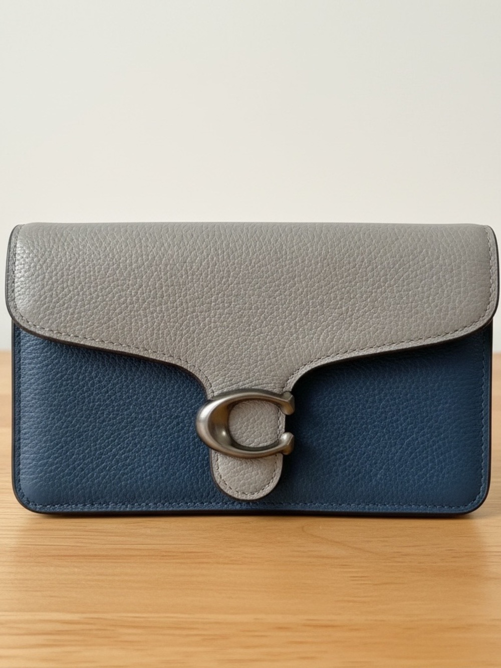 Coach Color Block Tabby Two-Tone Pebble Leather Clutch in Gray and Navy